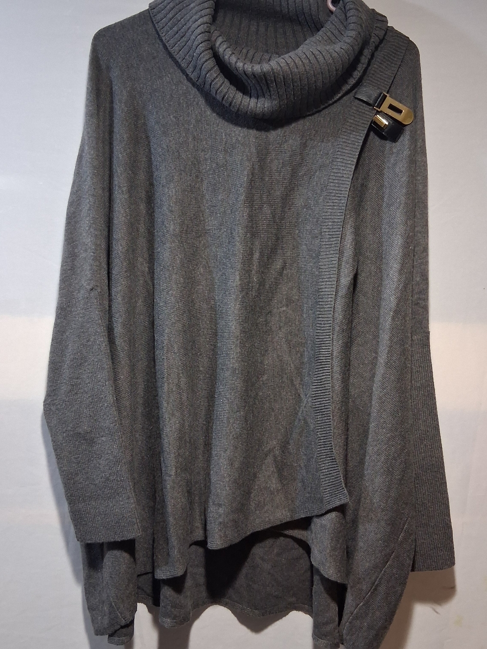 Calvin Klein Dark Gray Cowl Neck Poncho Sweater with Buckle